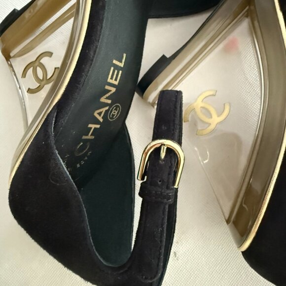 Chanel Lucite suede Clear CC heel sandals size 38C - Picture 7 of 9